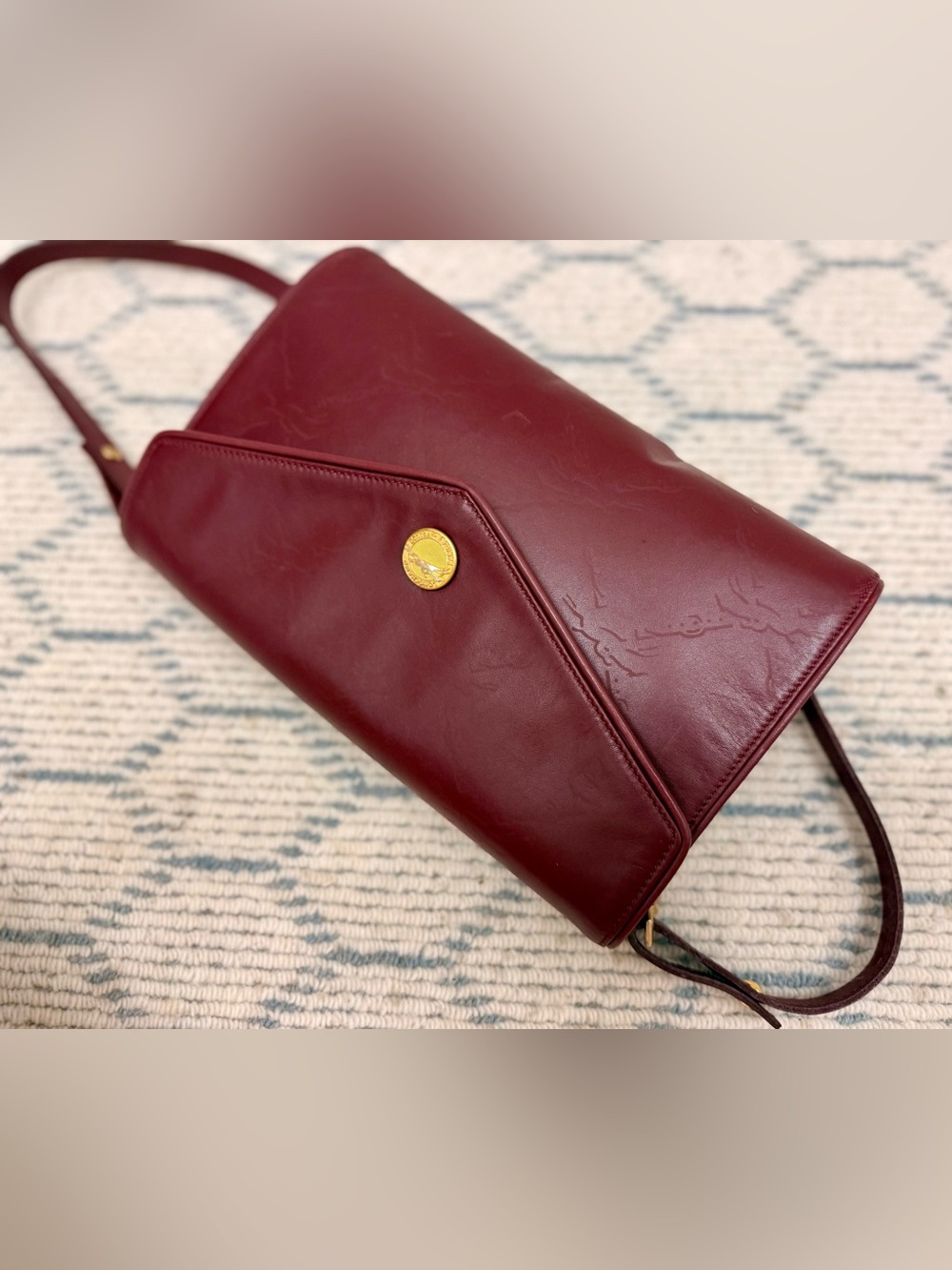LONGCHAMP Vintage 80’s Rare Burgundy Embossed Horse Leather Crossbody Clutch - Picture 7 of 16